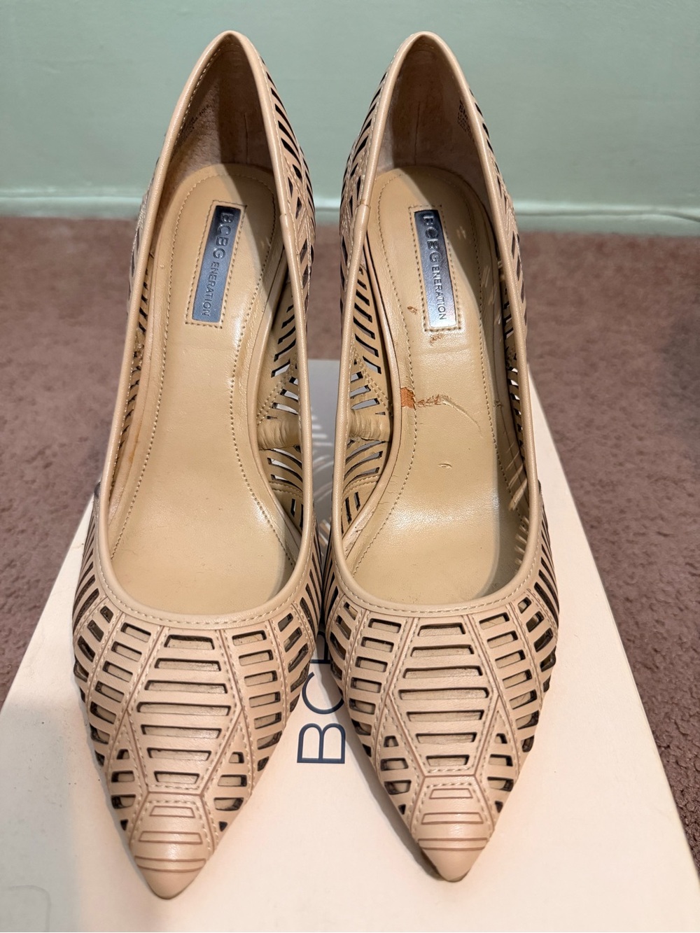 BCBGeneration Nude Laser-Cut Pointed Toe Pumps